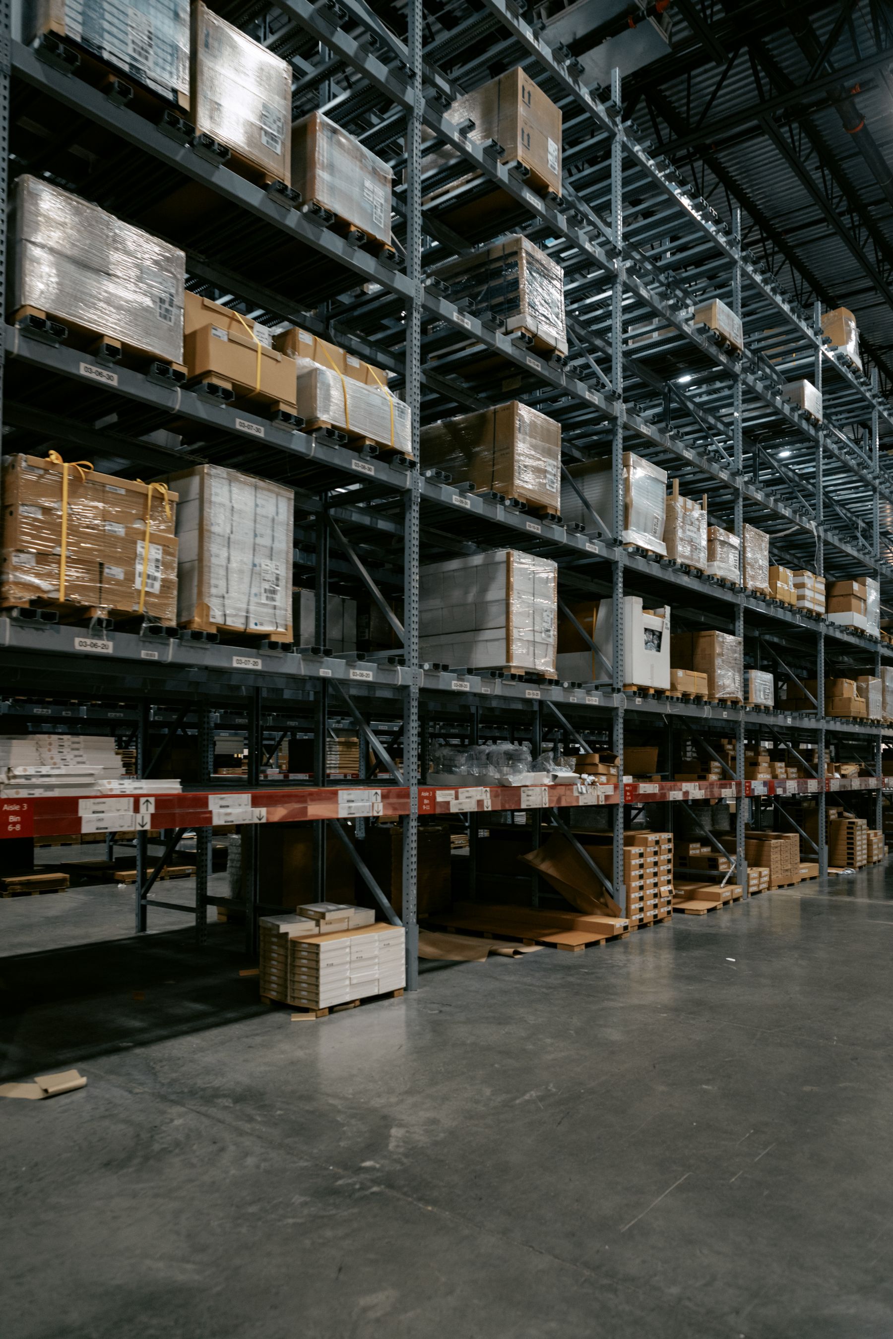 Stocked racks inside an organized warehouse